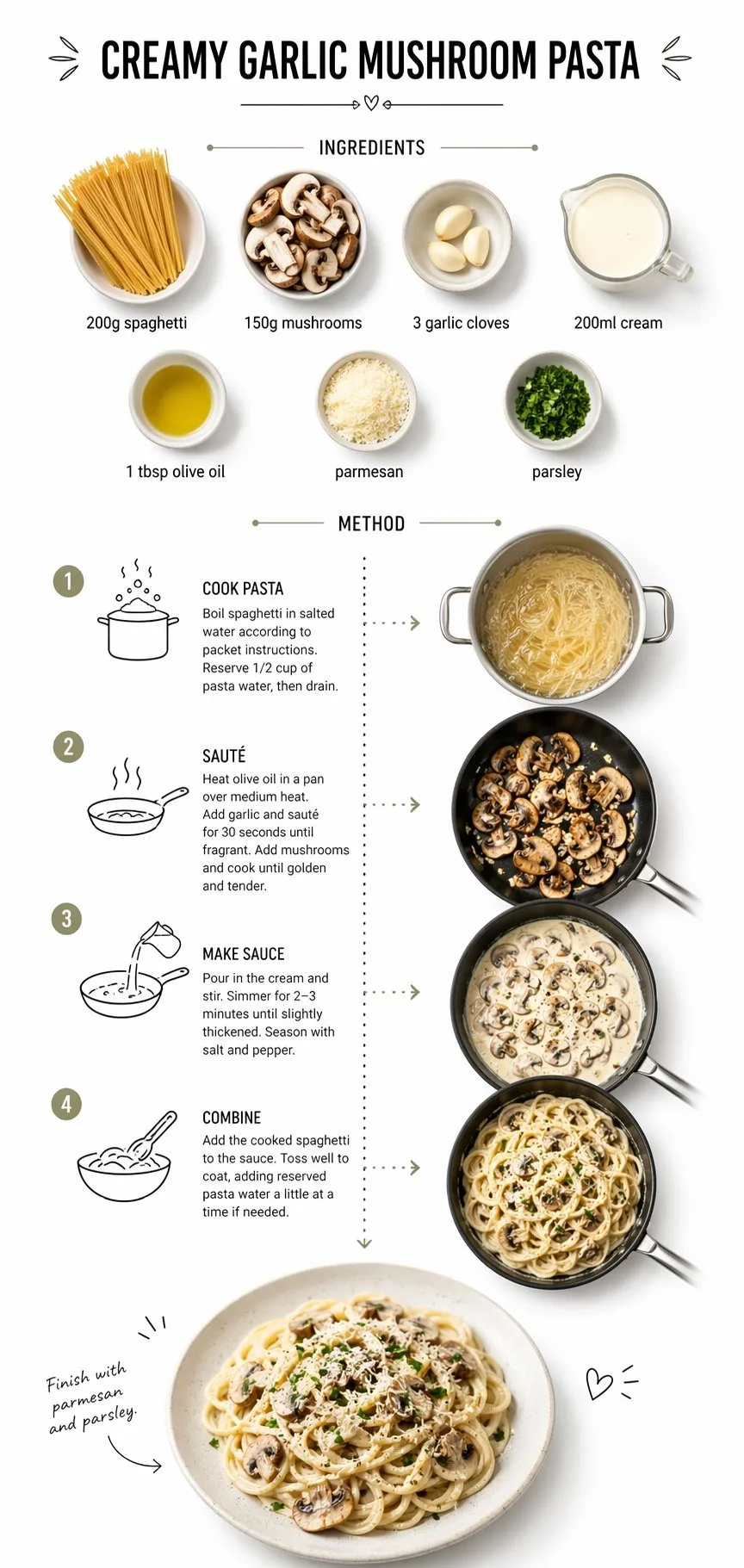 奶油蒜香蘑菇意面分步食谱信息图
