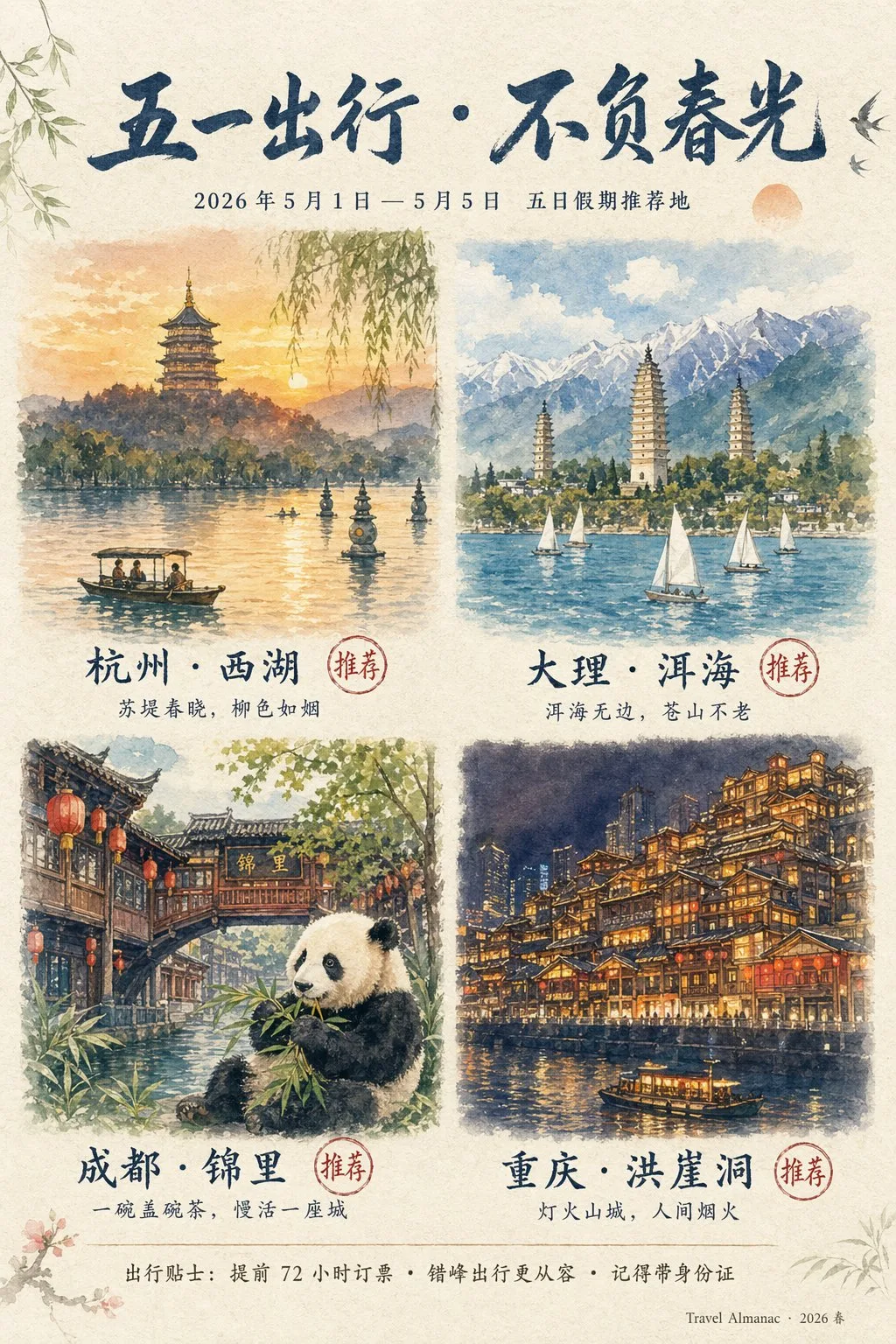 五一小长假中国旅行推荐海报