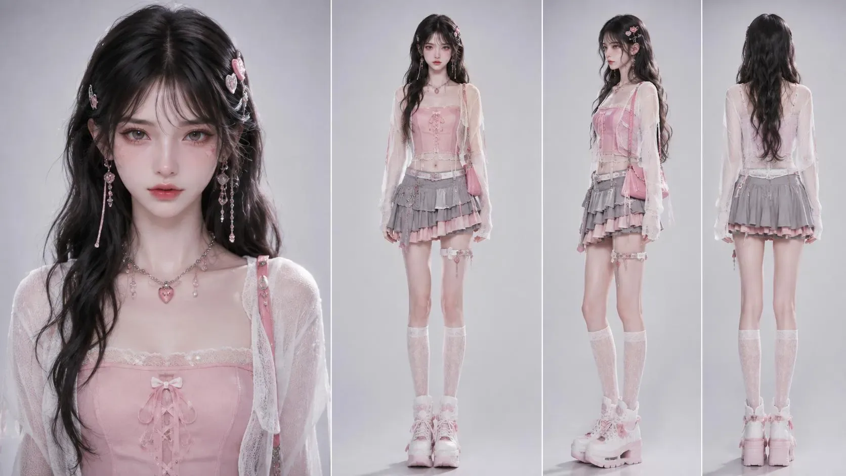 3D风格女性人物4视图提示词