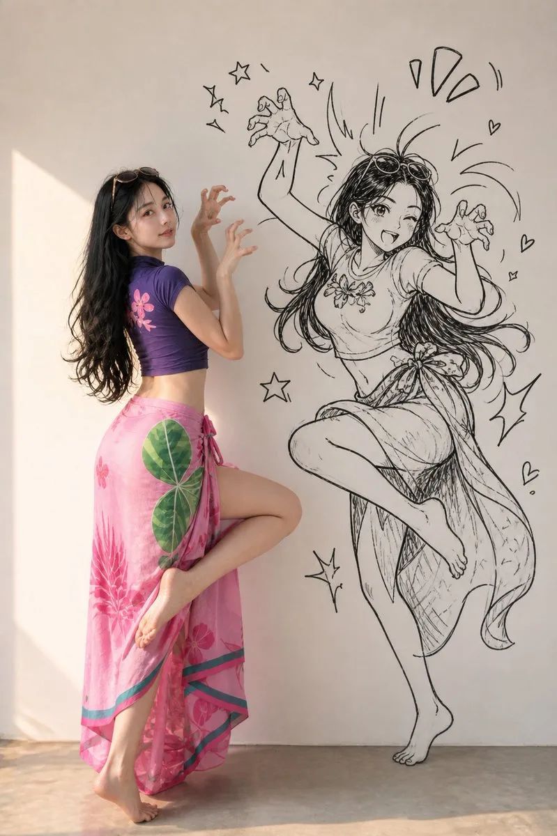 可爱的时尚混合媒体手绘肖像对比图